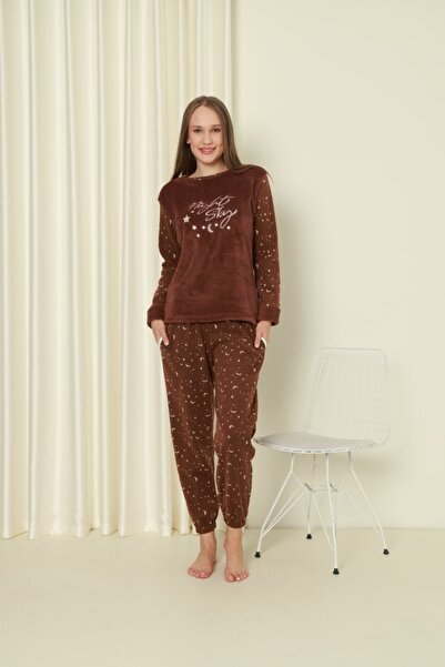 shopshop Γυναικείο Σετ Πιτζάμες Χειμερινό Καφέ Fleece βελούδινο