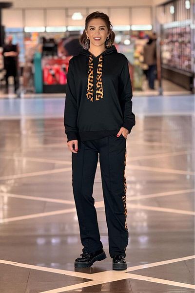 Nevin Kaya Moda Μαύρη Λεοπάρ Λεπτομερής Σετ φόρμας 100% βαμβακερή