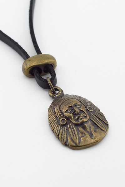 Solfera Native American Chief Mythological Bronze Metal Black Leather Men's Necklace Q0946