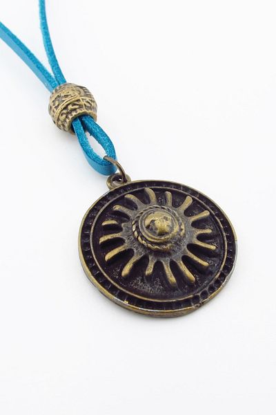 Solfera Aztec Sun Mythological Bronze Metal Real Leather Men's Necklace with Chain Q0941