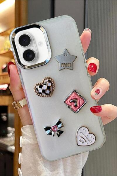 3GEN CASE İphone 16 Uyumlu 3D Taş Kurdele Kelebek Kalp İşleme Motifli Sert Kapak