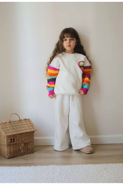 Lolliboomkids Κοριτσίστικο Softy 3 κλωστών με φλις κέντημα καρδιάς κεντημένο λευκό χρώμα κάτω επάνω σετ Νέα σεζόν