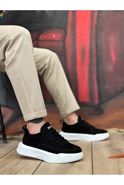 BOA BA0332 - Ανδρικά μαύρα σουέτ πάνινα παπούτσια με λευκή σόλα - μοτίβο σκάλας και κορδόνια