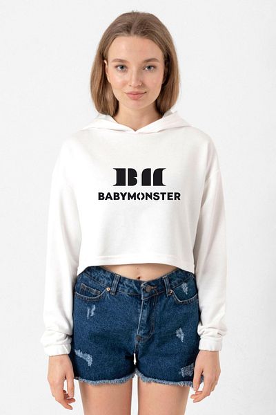 Tshirthane Babymonster Logo Ecru Women's Crop Hoodie