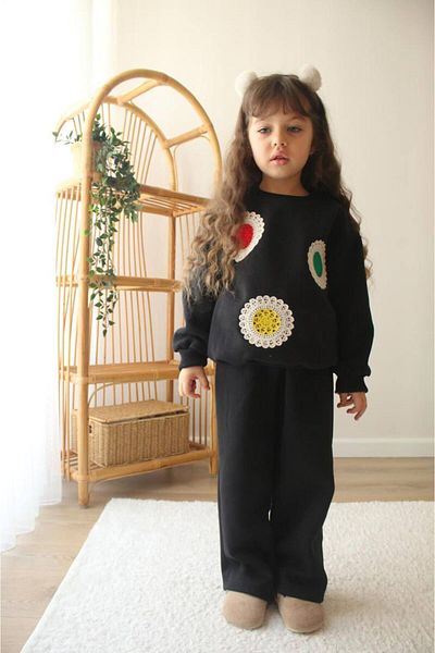Lolliboomkids Hanorac pentru fete, moale, cu 3 fire, fleece, brodat, albastru bleumarin - Set de pantaloni de trening