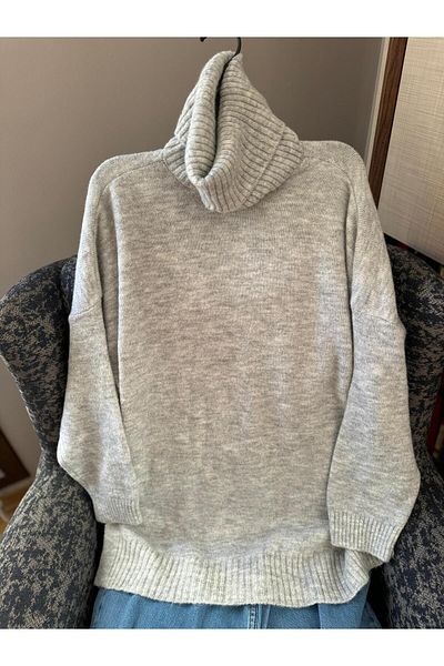 Natavanbutık Turtleneck Draped Long Sleeve Knitwear Gray Sweater
