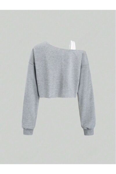 MOONBULL Kadın Tek Omuz Kalın Askılı Kurdele Baskılı Oversize Crop Sweatshirt