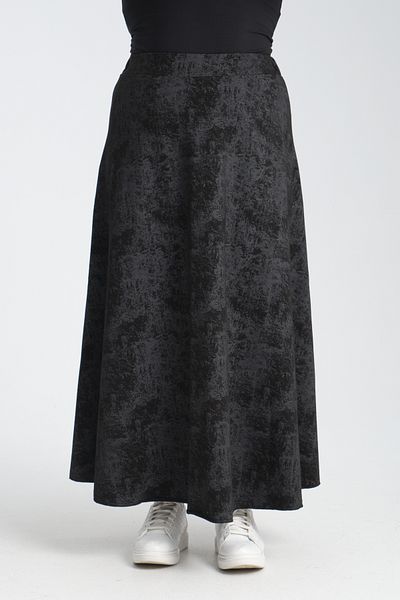 Gül Moda Black Oil Patterned Flared Long Skirt with Elastic Waist G029-12