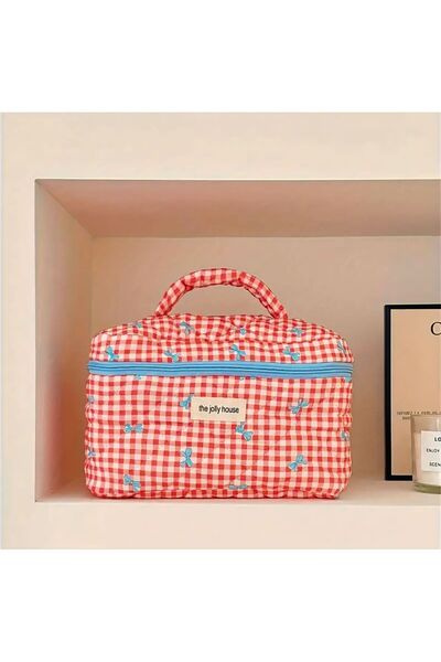 Piraye Shop 2-компартаментна червена и бяла карирана чанта за козметика и грим с голям капацитет и цип