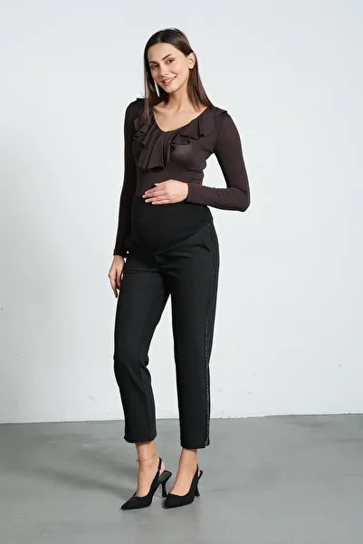 BUSA Black Gabardine Pants - Maternity with Stretchy Abdominal Bands and Adjustable Waist