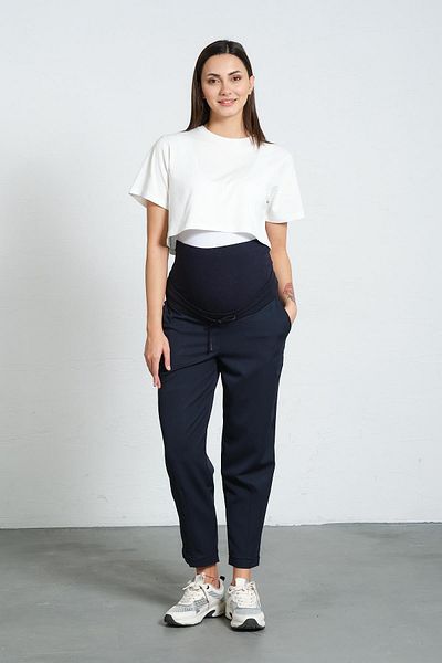 BUSA Maternity Flexible Abdominal Banded Waist Adjustable Leg Buttoned Classic Trousers Navy Blue