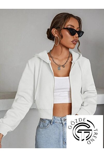 Genel Markalar Kadın Sweatshirt 3 Iplik Kapşonlu Crop Sweatshirt