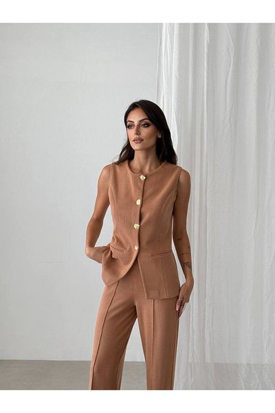 Pienk Brown Elastic Waist Women's Vest Pants Suit