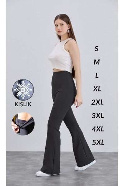 naymanlife Kadın Siyah Kışlık İçi Polarlı İspanyol Paça Yüksek Bel Likralı Toparlayıcı Tayt Pantolon
