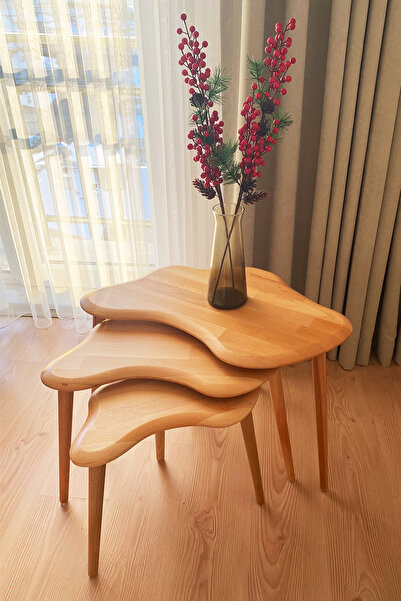 Fawdecor Asimetrik Naturel Masif Doğal Ahşap Zigon Sehpa 3'lü Set, Modern İsk...