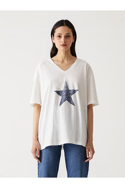 Ltb Tricou alb cu decolteu în V imprimat
