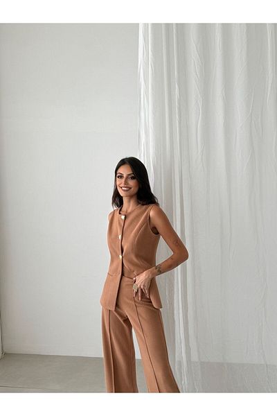 Pienk Brown Elastic Waist Women's Vest Pants Suit