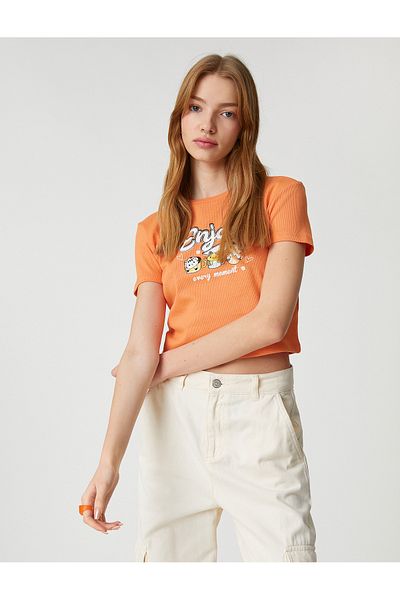 Koton Crop T-Shirt Printed Cotton Crew Neck Short Sleeve