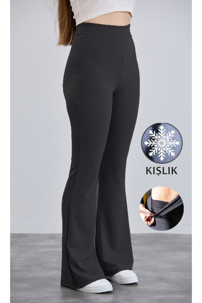 naymanlife Kadın Siyah Kışlık İçi Polarlı İspanyol Paça Yüksek Bel Likralı Toparlayıcı Tayt Pantolon