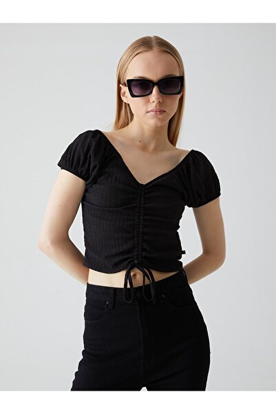 Ltb Μπλουζάκι με λαιμόκοψη με λαιμόκοψη σε μπροστινό μέρος, μαύρο T-shirt