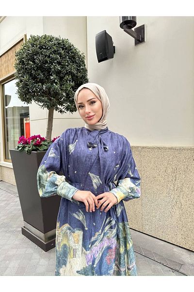 AMITIE Navy Blue Print Halter Neck Rope Belt Maxi Length Dress