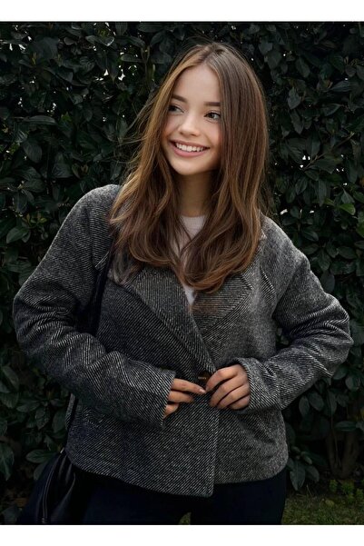 HYC ياقة مزدوجة الصدر، أزرار مزدوجة، قالب مريح، سترة من القماش المضلع