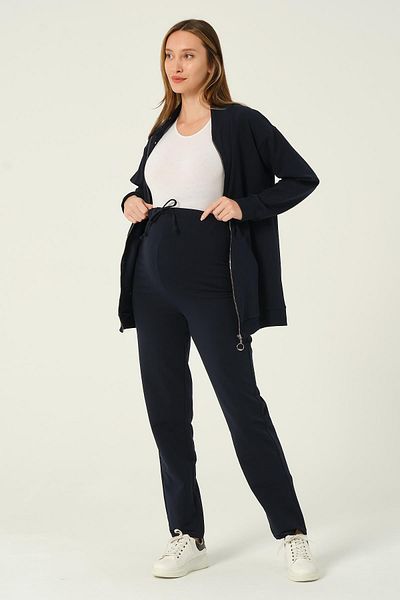 BUSA Maternity Zip up Hooded High Waist Adjustable Waist 2 Thread Tracksuit Set Dark Navy