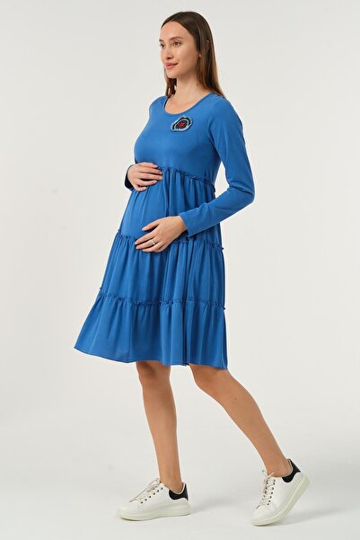 BUSA Hamile Günlük Fırfır Etekli Elbise Mavi