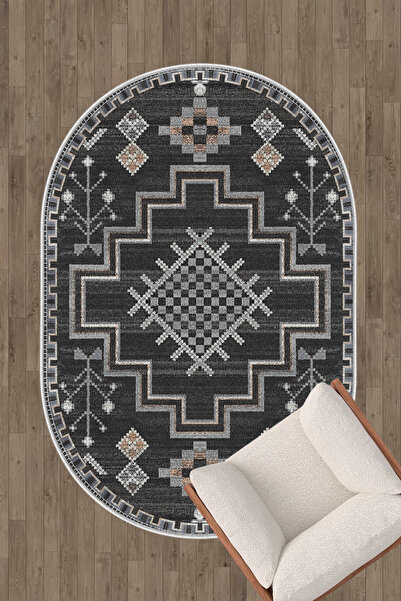 HaLıFoRuM Dekoratif Yolluk Kaymaz Tabanlı Oval Halı Makinede Yıkanabilir Salon Ve Mutfak Halısı Ovl-05siyah