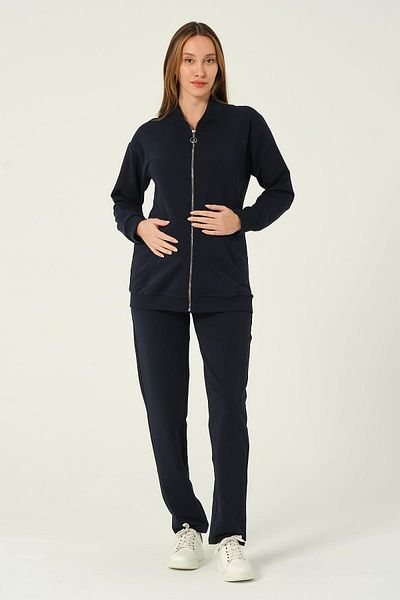BUSA Maternity Zip up Hooded High Waist Adjustable Waist 2 Thread Tracksuit Set Dark Navy