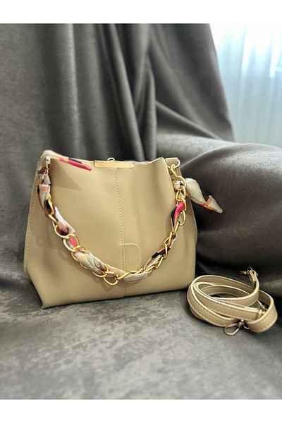 sinmm Women's Beige Color 3 Compartment Shoulder Handbag with Chain and Scarf Detail