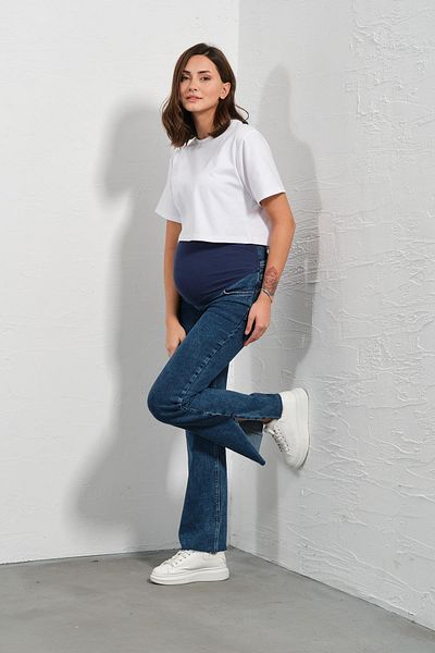 BUSA Pantaloni de denim cu talie largi, cu bandă pentru burtă, albastru, cu talie reglabilă