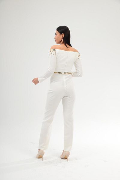 Robes Salopetă de seară șic, fără bretele, cu mânecă lungă, imprimată cu piatră