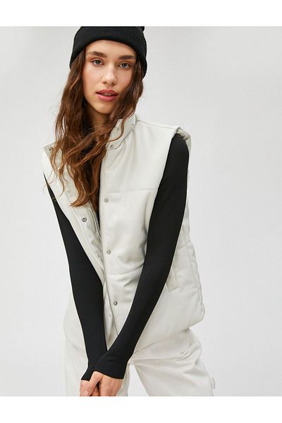 Koton Puffer Vest Leather Look Stand Collar Snap Closure