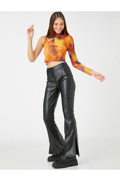 Koton Leather Look Trousers Flared Leg Ribbed High Waist