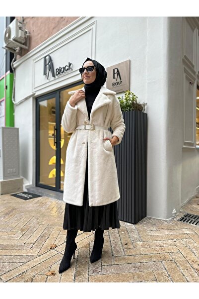 VENO Women's White Genua Fur Coat - Gold Button Detailed and Lined