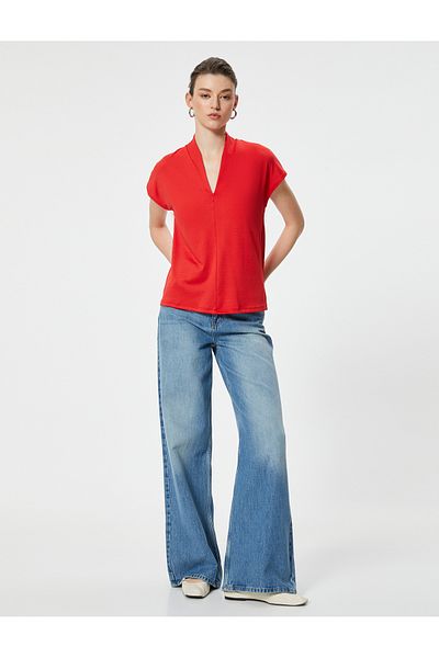 Koton Standing V-Neck Short Sleeve Blouse - Standard Cut