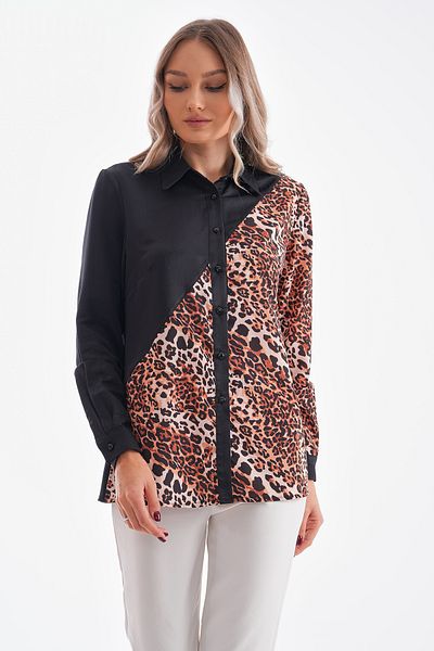Loom Boutique Cămașă neagră cu imprimeu leopard de mărime mare pentru femei G0061