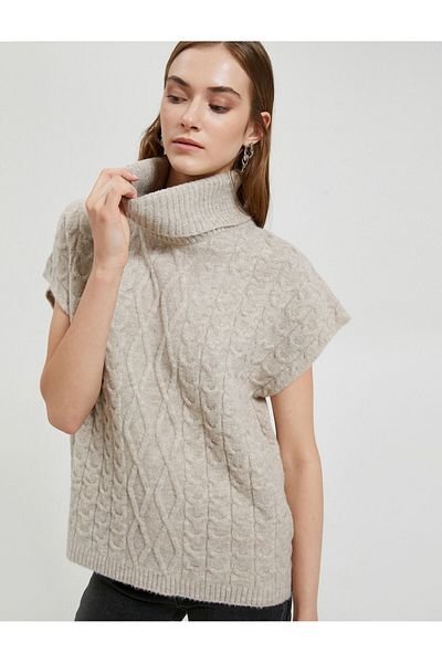Koton Turtleneck pulóver fonott mintás rövid ujjú bordázott