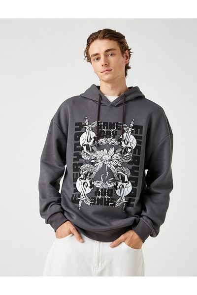 Koton Hooded Oversize Sweatshirt Raised Skull Printed