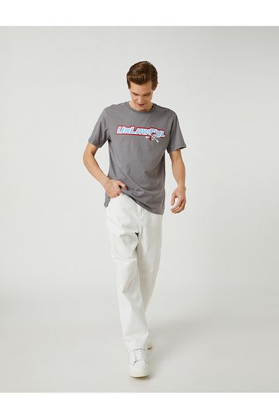 Koton Slogan Printed T-Shirt Crew Neck Skull Detailed Slim Fit