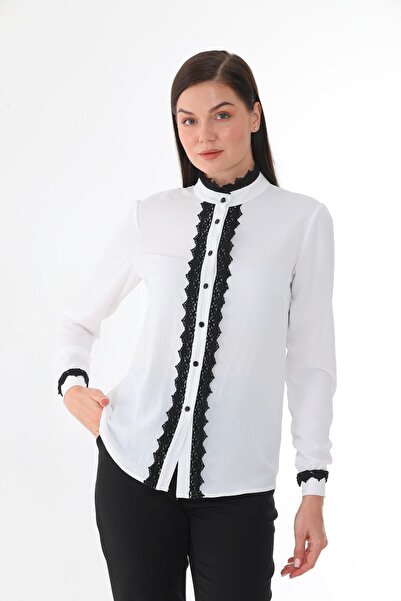 Loom Boutique Γυναικείο πουκάμισο κρεπ με λεπτομέρεια με μαργαριτάρι κουμπιά