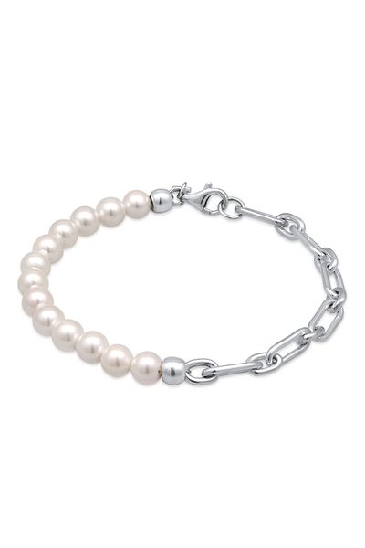 KUZZOI Armband Herren Gliederkette Muschelkern Perlen weiß 925 Sterling Silber Festival 21 cm