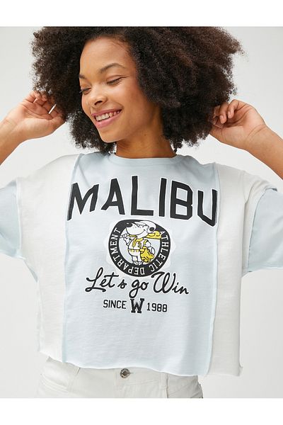 Koton Tricou cu imprimeu pentru colegiu, cu mânecă scurtă, decolteu, bumbac