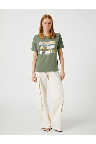 Koton Pailletten-T-Shirt mit kurzen Ärmeln und Rundhalsausschnitt