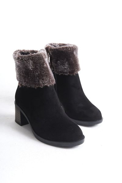BZ Moda KATYA Orthopedic Suede Γυναικείες Μπότες - με φερμουάρ, τακούνι και γούνινη λεπτομέρεια, μαύρο ST