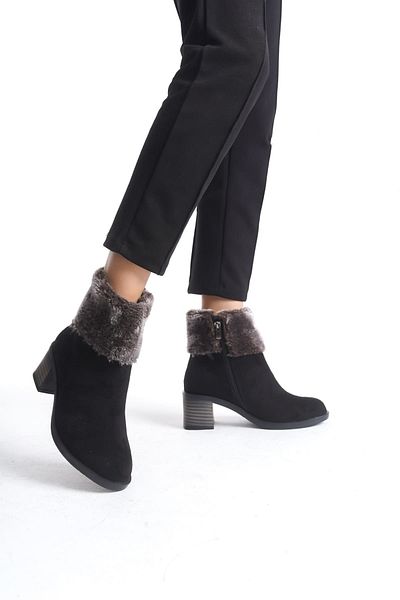 BZ Moda KATYA Orthopedic Suede Γυναικείες Μπότες - με φερμουάρ, τακούνι και γούνινη λεπτομέρεια, μαύρο ST
