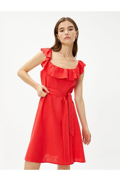 Koton Linen Dress Flounce Belted