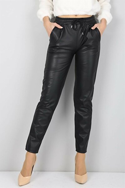KaSheHa Black High Waisted Fleece Inside Skinny Leather Trousers with Elastic Waist 99 cm