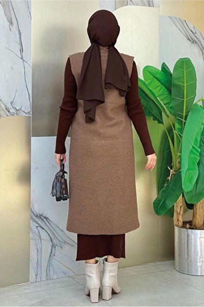 TRENDTESETTÜR Women's Brown Cross Collar Long Vest t 6987